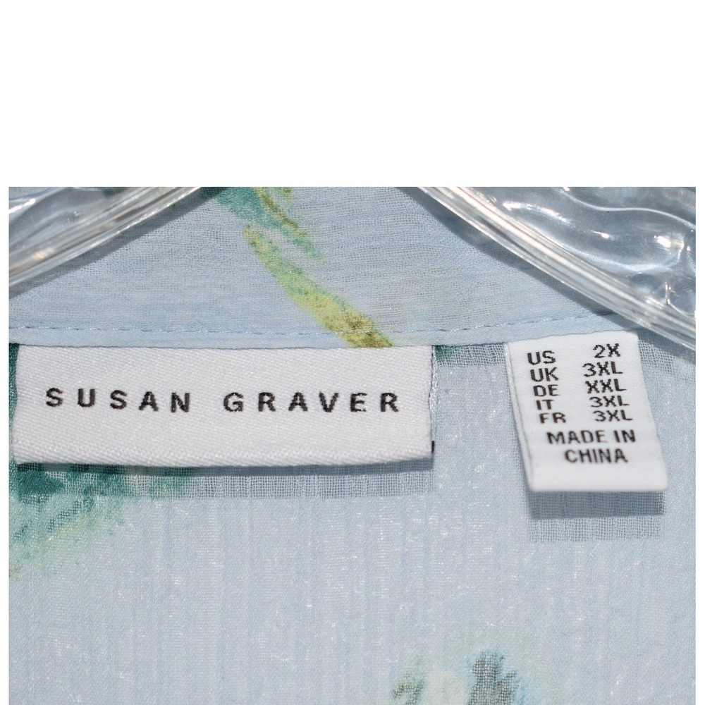 Susan Graver Top 2X Blue Floral Pintuck V-Neck Sheer Lace Sleeve Tunic Blouse - Picture 4 of 16